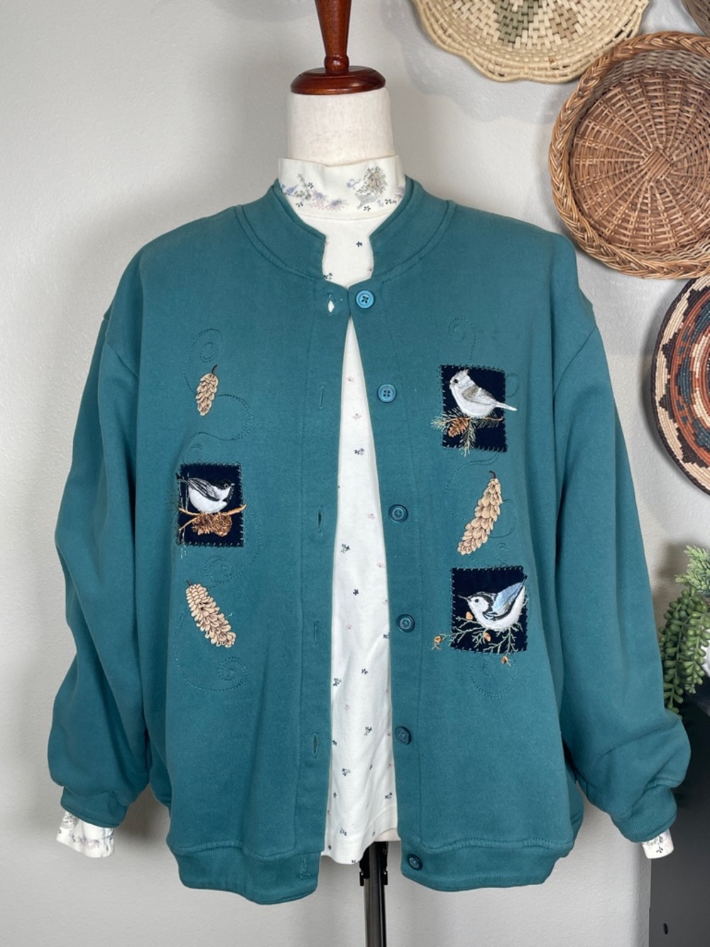 Artisans Teal Blue Sweatshirt Bird Applique Jacket & Mock Turtleneck Set  L/XL